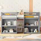 Letto a soppalco basso in legno grigio, misura singola, con ripiani e