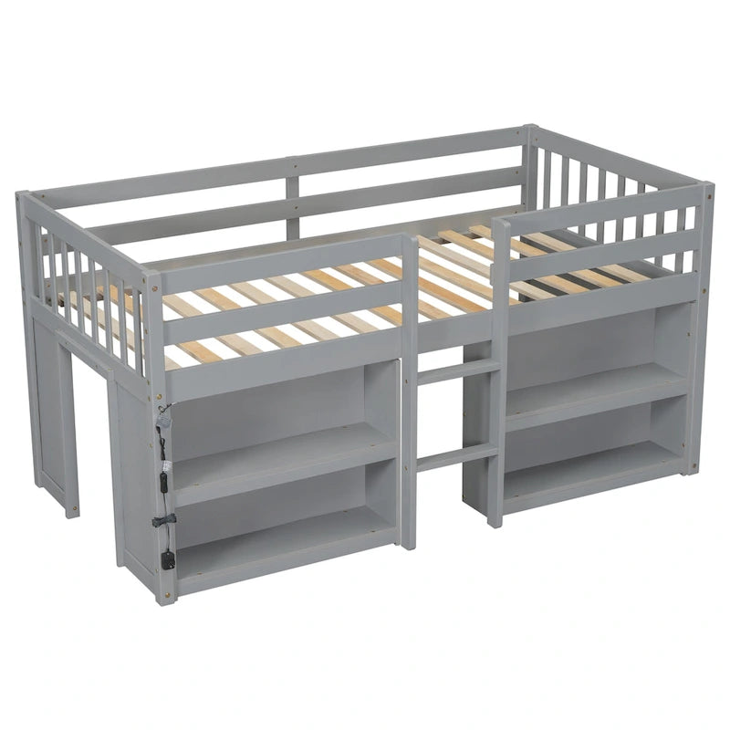 Grey Twin Size Wood Low Loft Bed with Shelves and