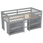 Letto a soppalco basso in legno grigio, misura singola, con ripiani e