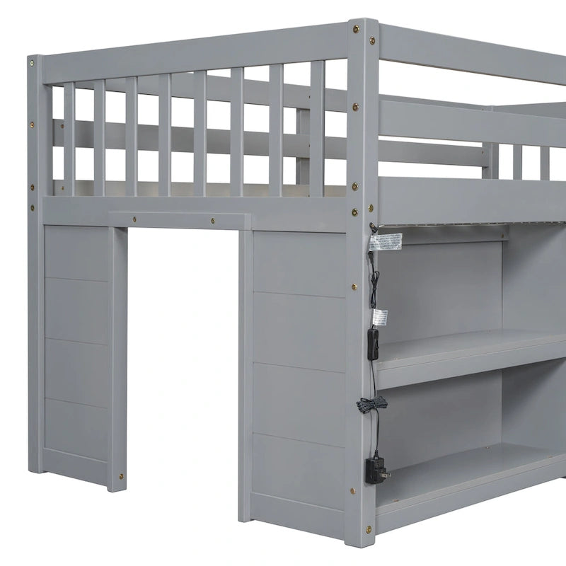 Grey Twin Size Wood Low Loft Bed with Shelves and