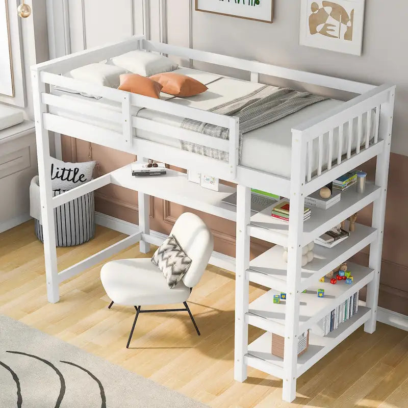 Twin Solid Wood Loft Bed with Integrated Desk