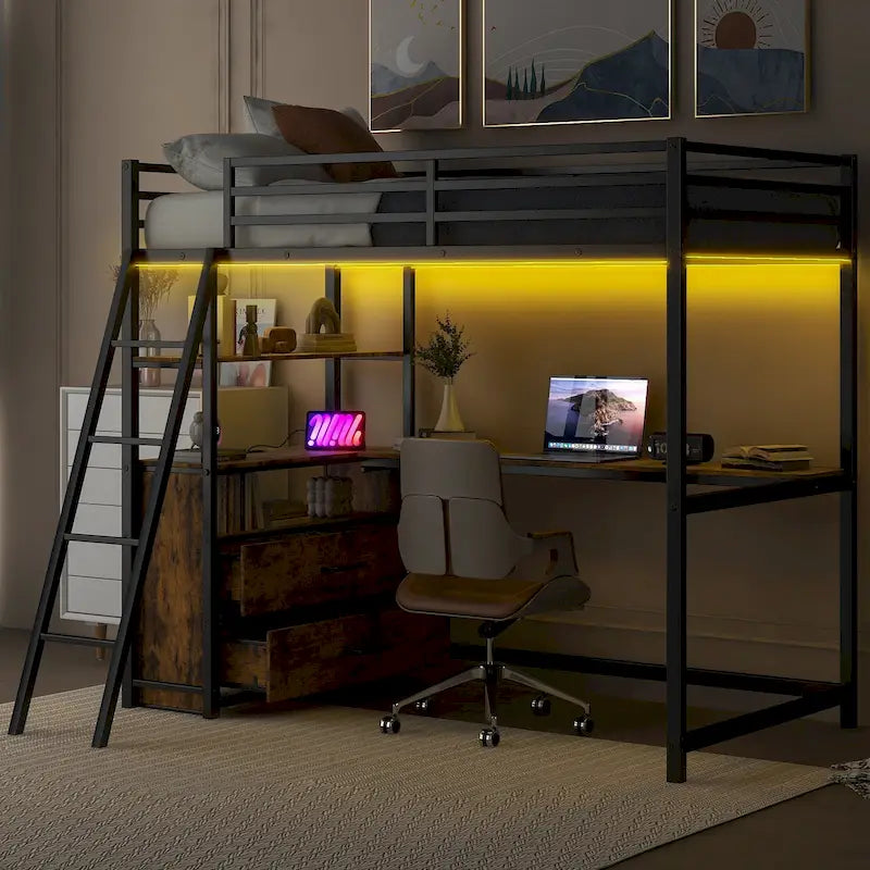 Twin Metal Wood Loft Bed with Desk &