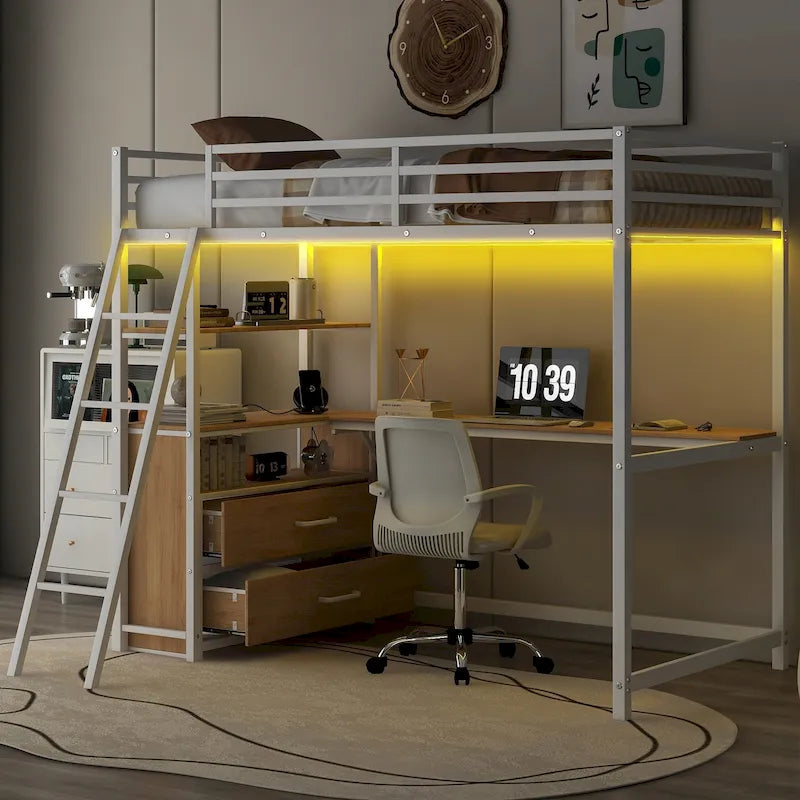 Twin Metal Wood Loft Bed with Desk &