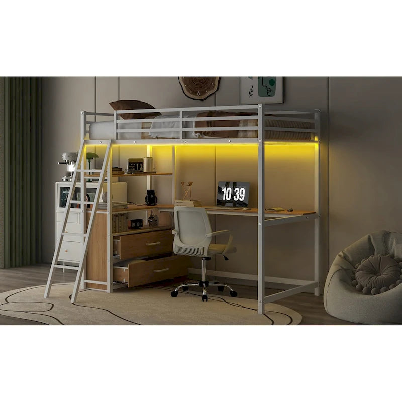 Twin Metal Wood Loft Bed with Desk &