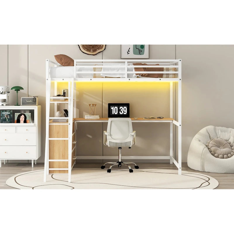 Twin Metal Wood Loft Bed with Desk &
