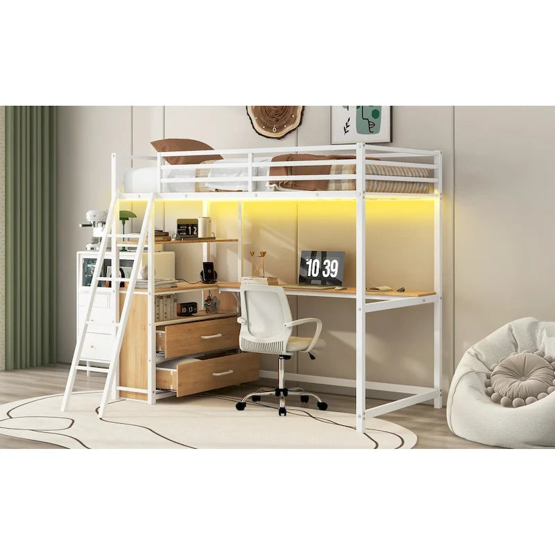 Twin Metal Wood Loft Bed with Desk &
