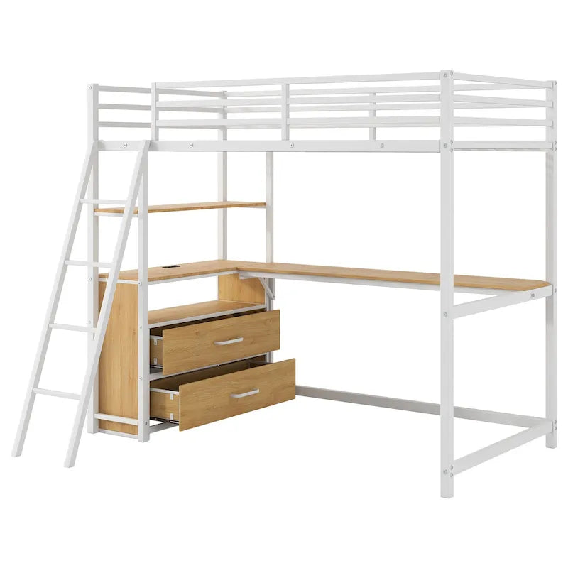 Twin Metal Wood Loft Bed with Desk &