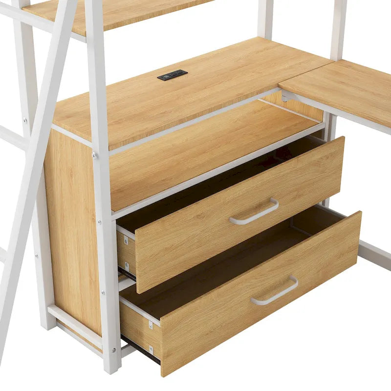Twin Metal Wood Loft Bed with Desk &