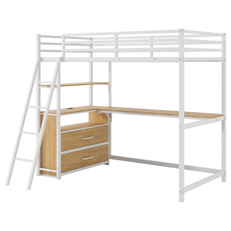 Twin Metal Wood Loft Bed with Desk &
