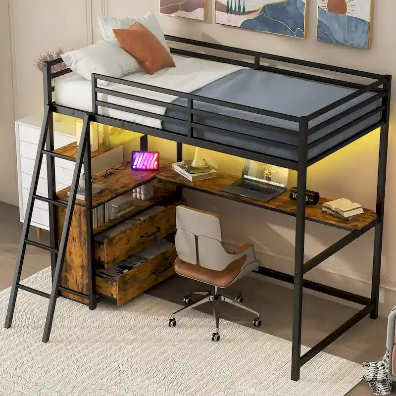 Twin Metal Wood Loft Bed with Desk &