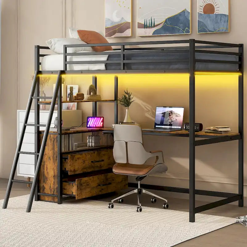 Twin Metal Wood Loft Bed with Desk &