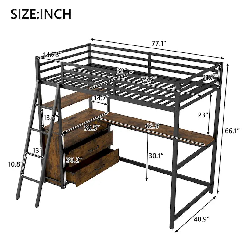 Twin Metal Wood Loft Bed with Desk &