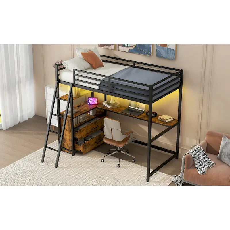 Twin Metal Wood Loft Bed with Desk &