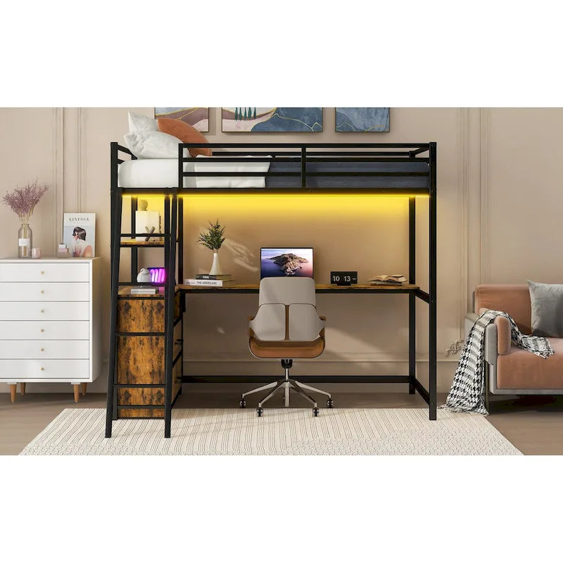 Twin Metal Wood Loft Bed with Desk &