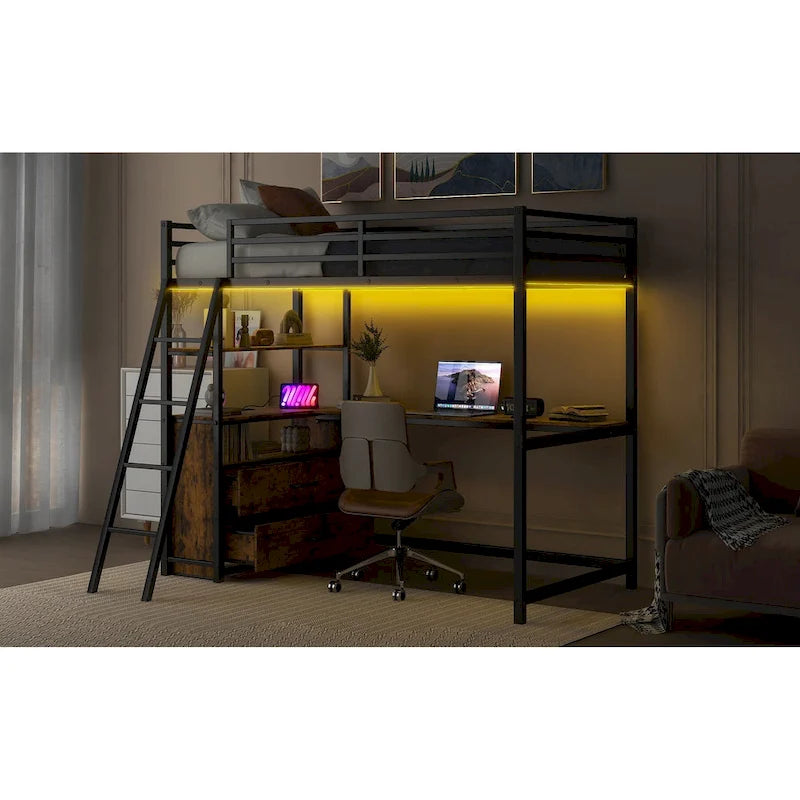 Twin Metal Wood Loft Bed with Desk &