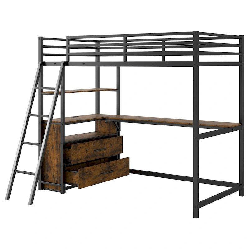 Twin Metal Wood Loft Bed with Desk &