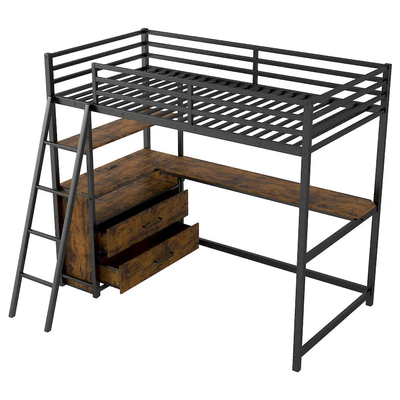 Twin Metal Wood Loft Bed with Desk &