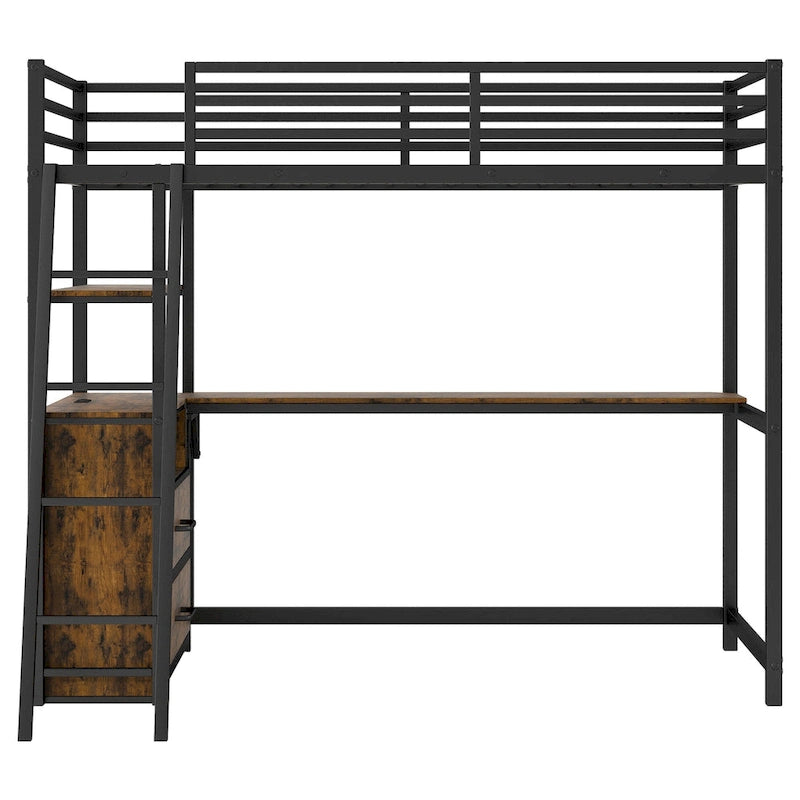Twin Metal Wood Loft Bed with Desk &