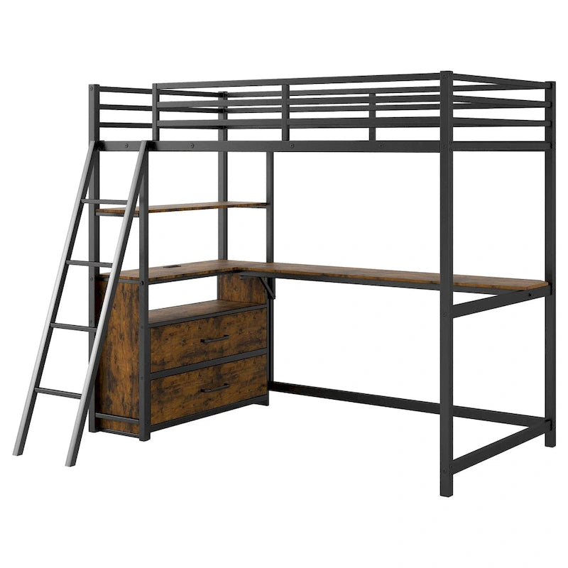 Twin Metal Wood Loft Bed with Desk &