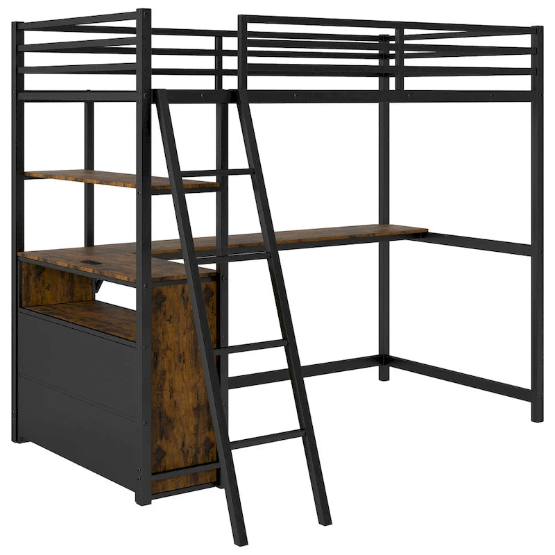 Twin Metal Wood Loft Bed with Desk &