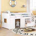 Letto basso a soppalco bianco singolo in legno massello con scala e cassetto