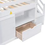 Letto basso a soppalco bianco singolo in legno massello con scala e cassetto
