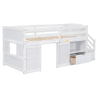 Letto basso a soppalco bianco singolo in legno massello con scala e cassetto