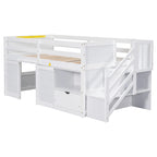 Letto basso a soppalco bianco singolo in legno massello con scala e cassetto