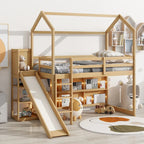 Letto rialzato singolo in legno a forma di casetta con scivolo