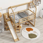 Letto rialzato singolo in legno a forma di casetta con scivolo