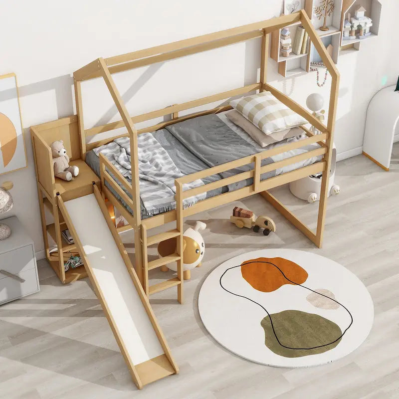 Wood Twin Wood House Loft Bed with Slide