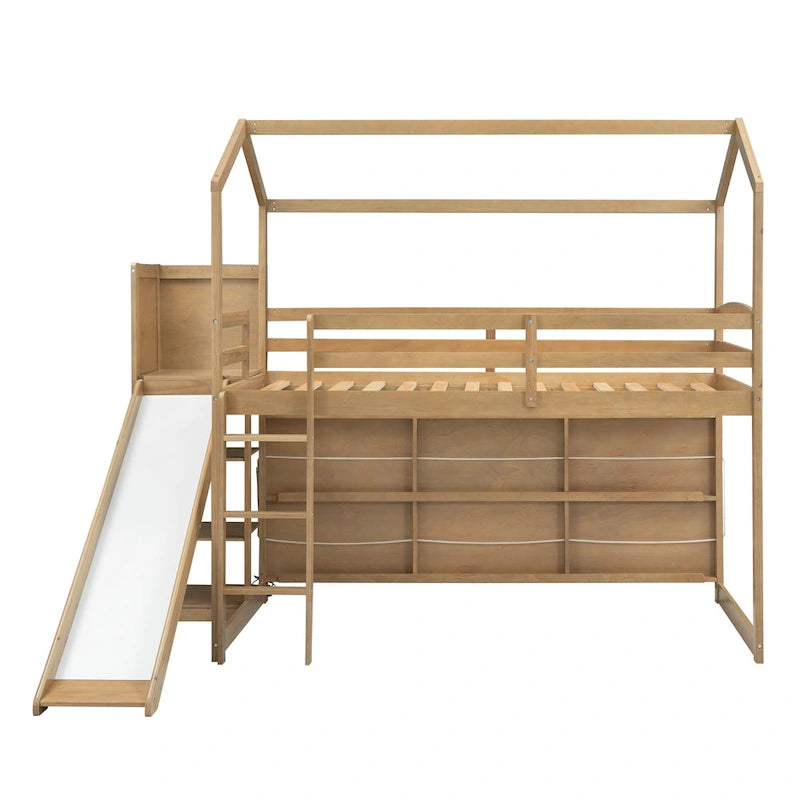 Wood Twin Wood House Loft Bed with Slide