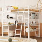 Letto a soppalco in metallo con ripiani, scrivania a L, prese, porte USB e ricarica wireless