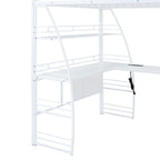 Letto a soppalco in metallo con ripiani, scrivania a L, prese, porte USB e ricarica wireless