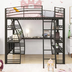 Letto a soppalco in metallo con ripiani, scrivania a L, prese, porte USB e ricarica wireless