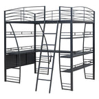 Letto a soppalco in metallo con ripiani, scrivania a L, prese, porte USB e ricarica wireless