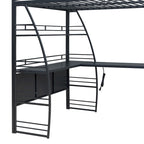 Letto a soppalco in metallo con ripiani, scrivania a L, prese, porte USB e ricarica wireless