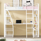 Letto a soppalco in metallo con ripiani, scrivania a L, prese, porte USB e ricarica wireless