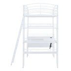 Letto a soppalco in metallo con ripiani, scrivania a L, prese, porte USB e ricarica wireless
