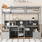 Stapelbed in Twin-formaat in huisstijl met planken, ladder en opberglades