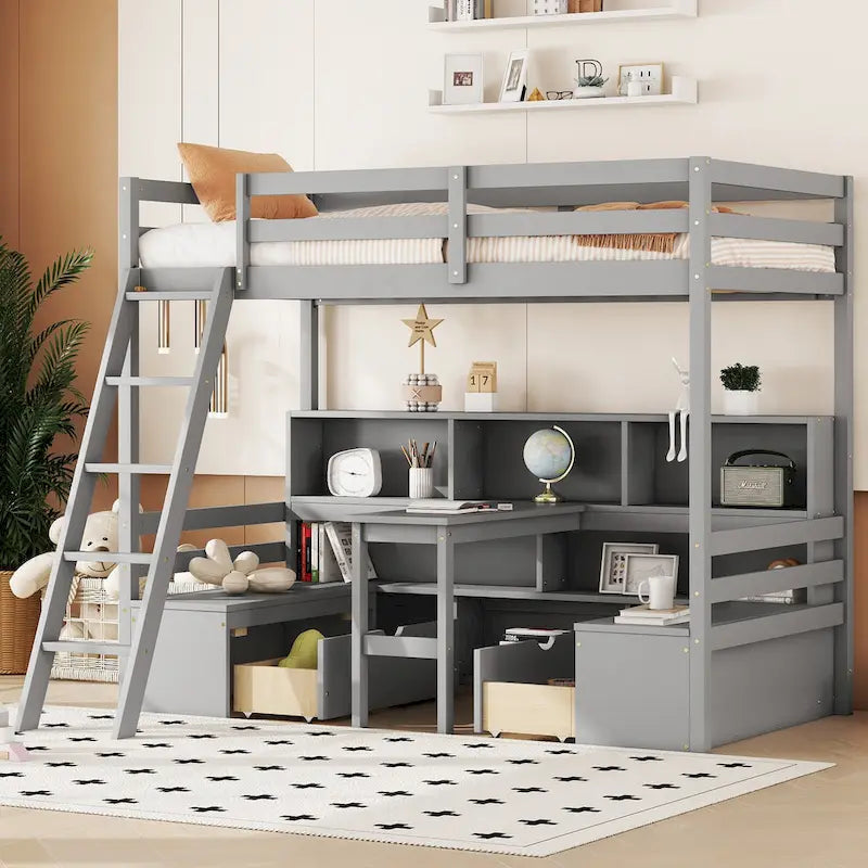 Twin House Bunk Bed with Shelves, Ladder, and Storage Drawers
