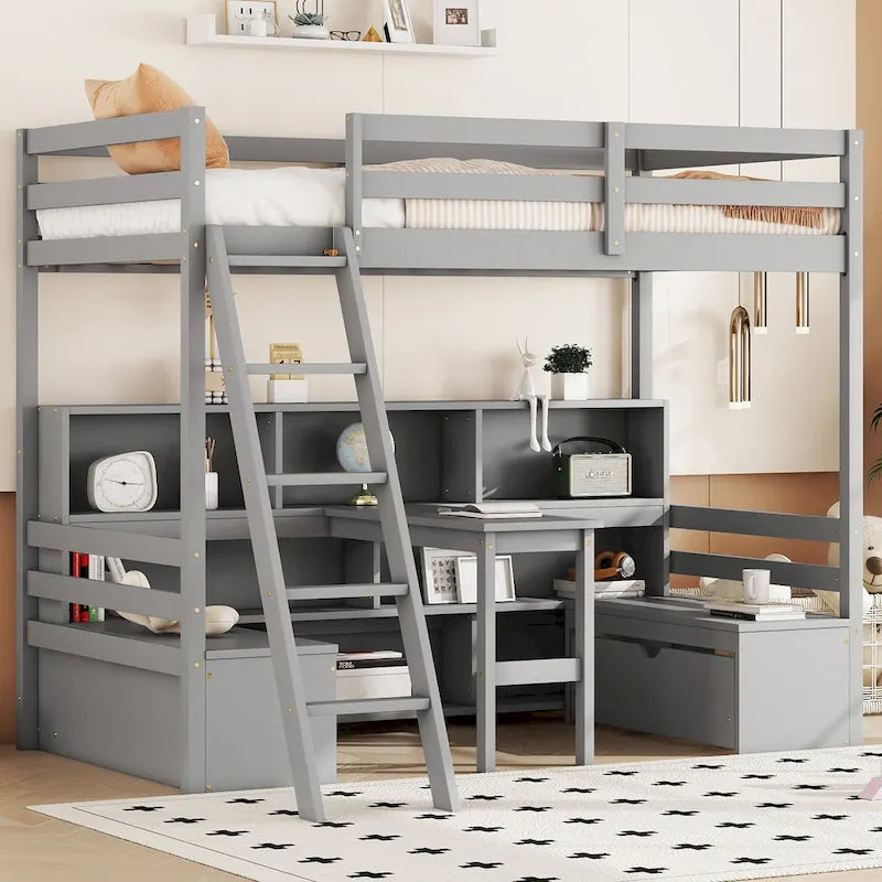 Twin House Bunk Bed with Shelves, Ladder, and Storage Drawers