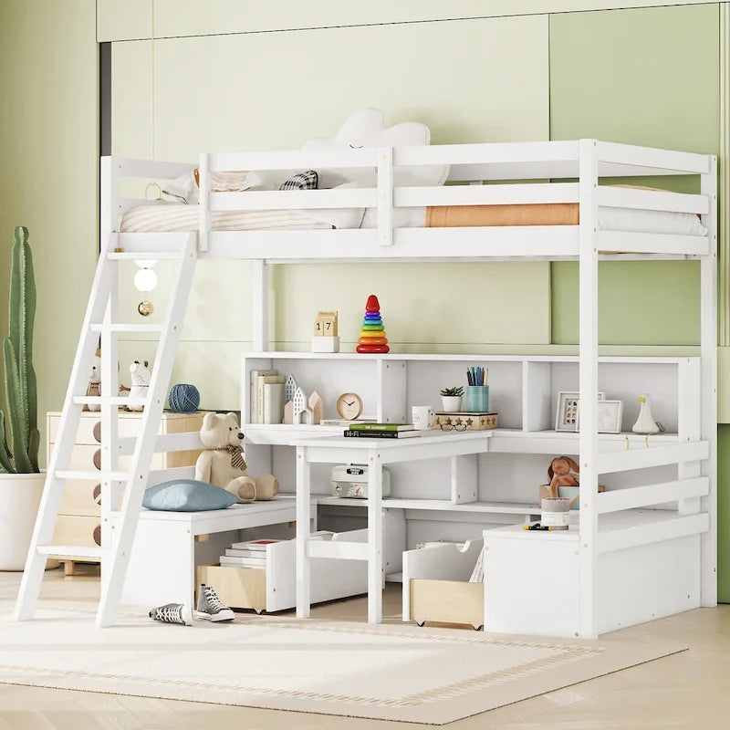 Twin House Bunk Bed with Shelves, Ladder, and Storage Drawers