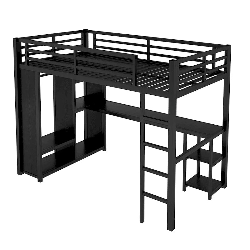 Black Twin XL Loft Bed with Built-in Wardrobe, Desk, and Storage Shelves, Space