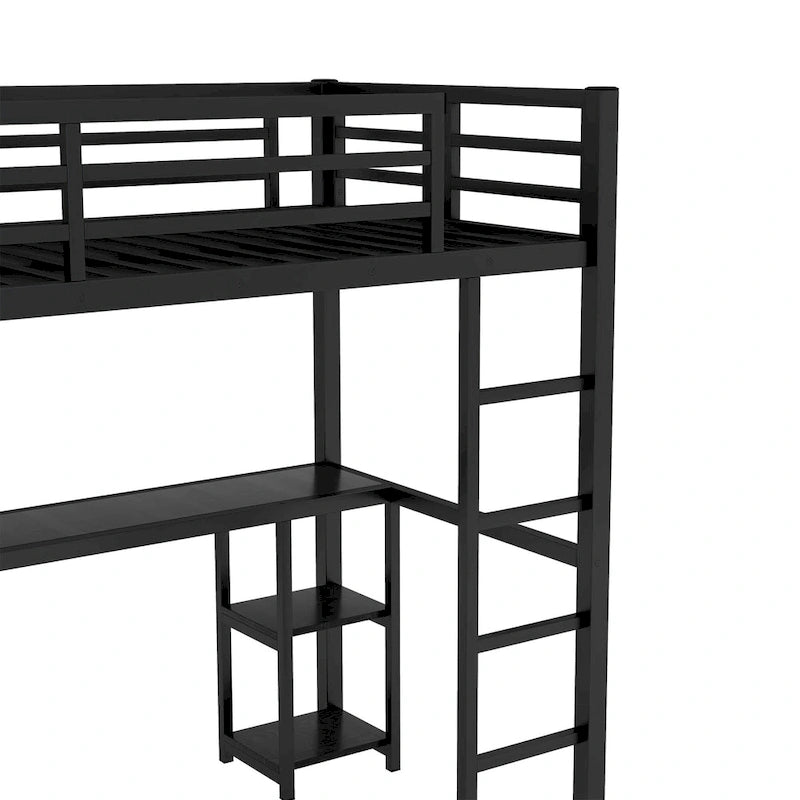Black Twin XL Loft Bed with Built-in Wardrobe, Desk, and Storage Shelves, Space