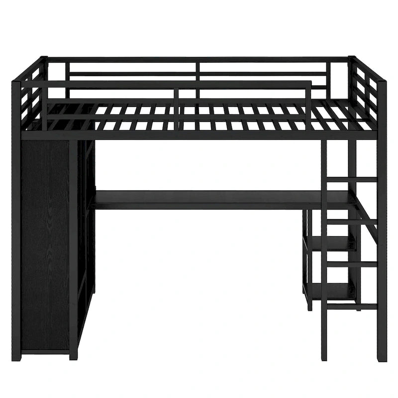 Black Twin XL Loft Bed with Built-in Wardrobe, Desk, and Storage Shelves, Space