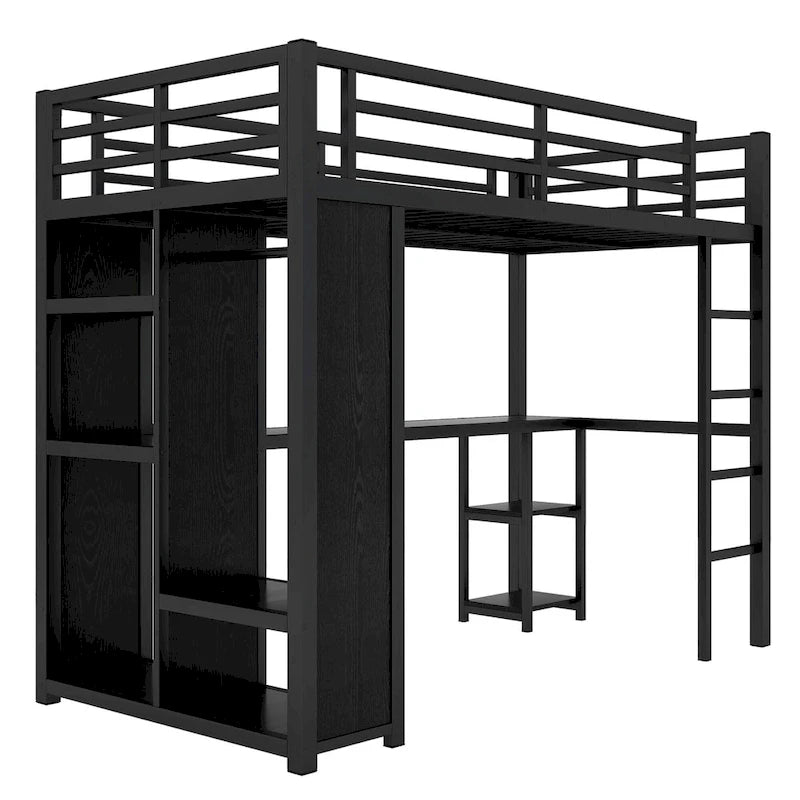 Black Twin XL Loft Bed with Built-in Wardrobe, Desk, and Storage Shelves, Space