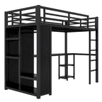 Letto a soppalco nero XL con armadio integrato, scrivania e ripiani contenitori, salvaspazio