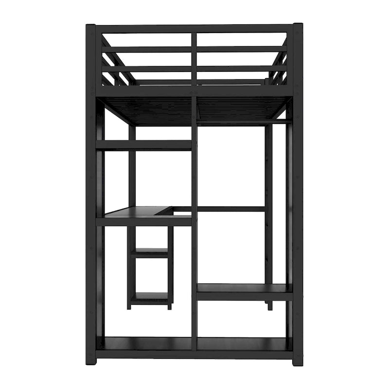 Black Twin XL Loft Bed with Built-in Wardrobe, Desk, and Storage Shelves, Space
