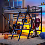 Lit mezzanine double en métal pour gamer avec espace de travail intégré, armoire ouverte, éclairage LED et rangements, noir